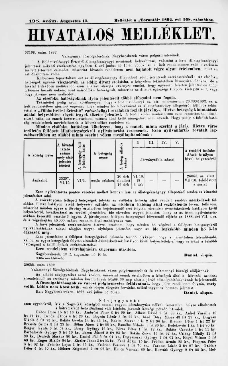 A Totontál  hivatalos melléklete, 5. évf. 1892. augusztus 17. 135. sz.