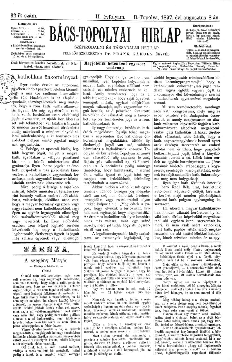 Bács-Topolyai Hirlap, 2. évf. 1897. augusztus 8. 32. sz.