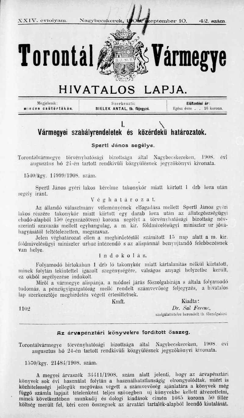 Torontál Vármegye Hivatalos Lapja, 24. évf. 1908. szeptember 10. 42. sz.