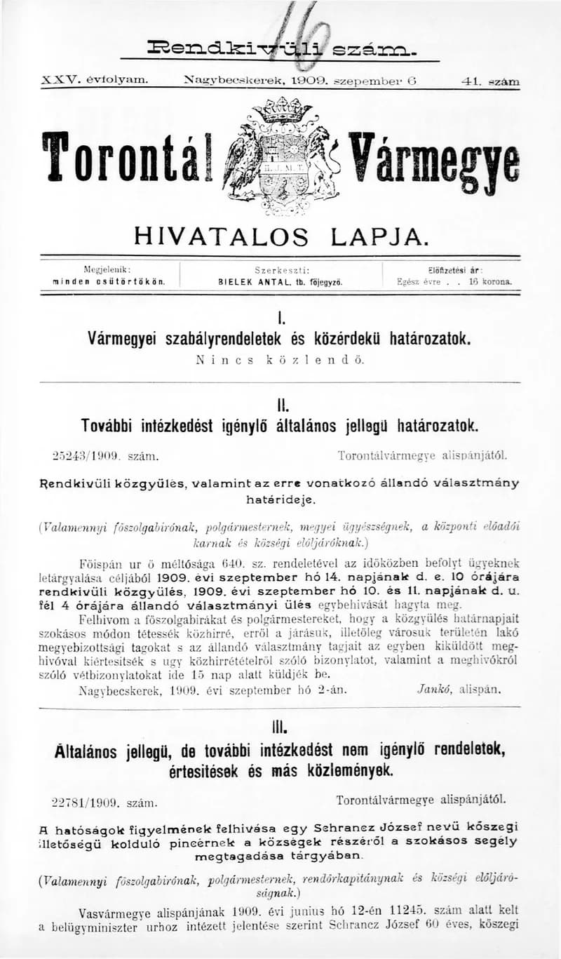 Torontál Vármegye Hivatalos Lapja, 25. évf. 1909. szeptember 6. 41. sz.