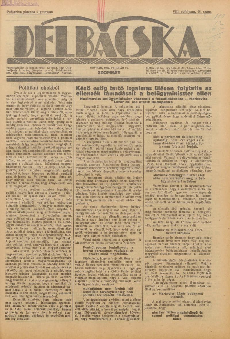 Délbácska, 8. évf. 1927. február 26. 46. sz.