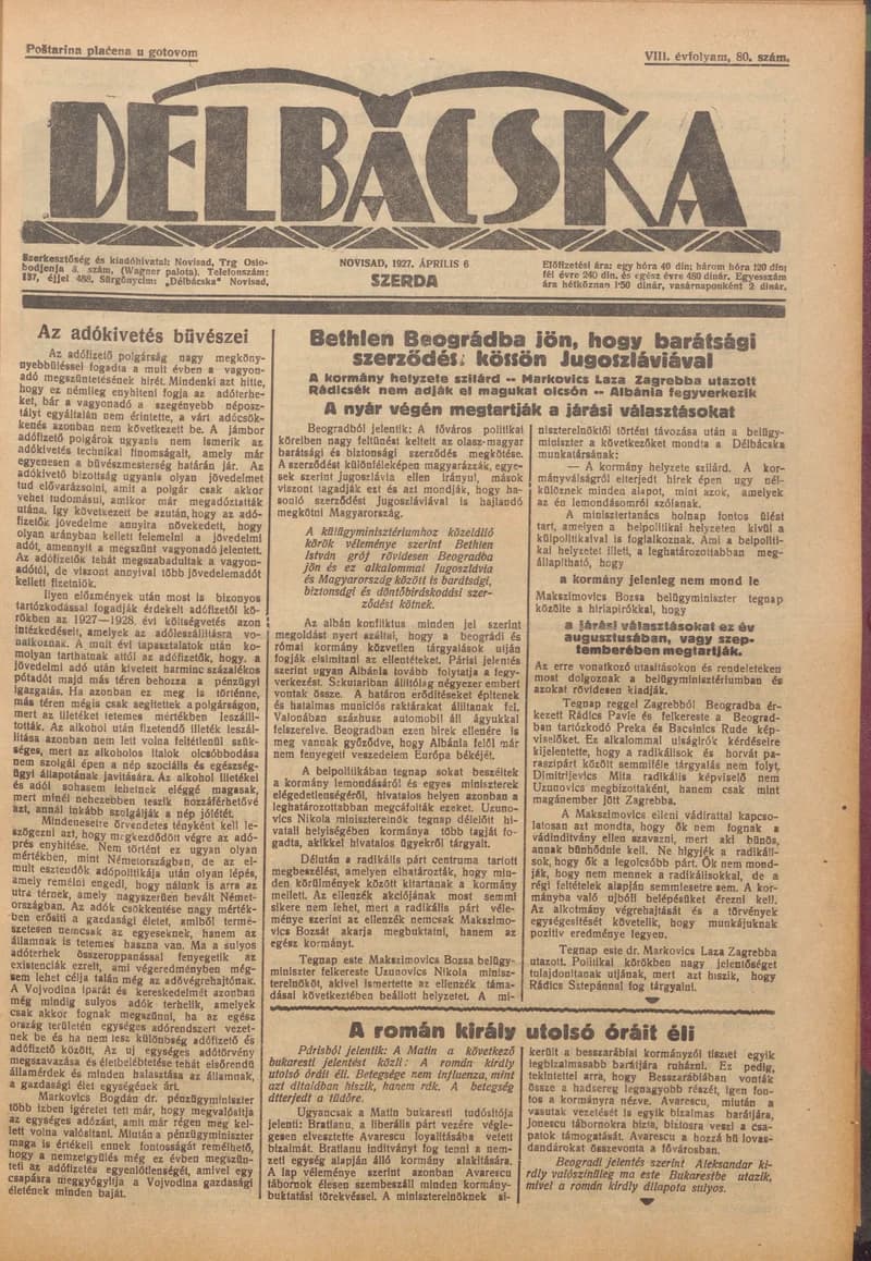 Délbácska, 8. évf. 1927. április 6. 80. sz.