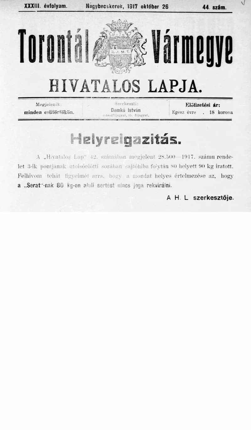Torontál Vármegye Hivatalos Lapja, 33. évf. 1917. október 26. 44. sz.