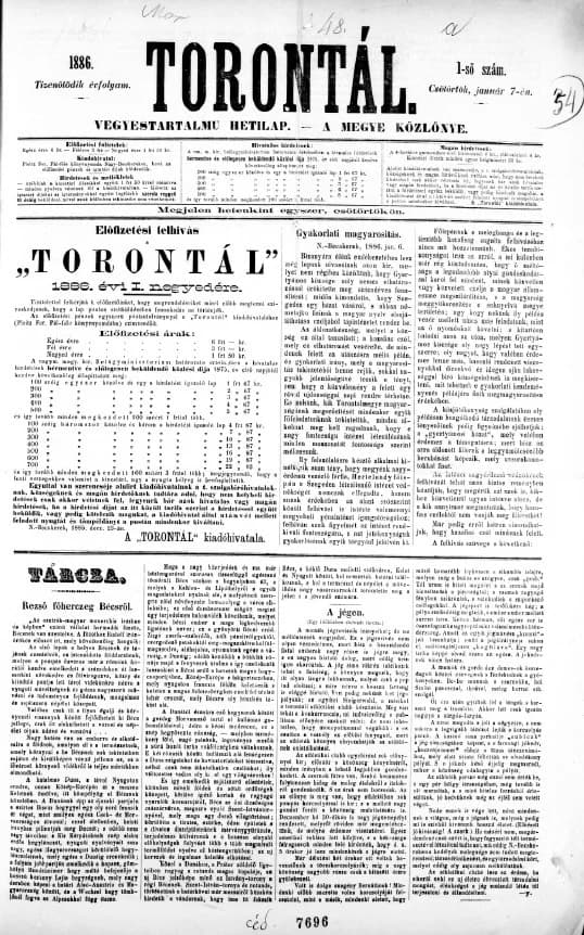 Torontál, 15. évf. 1886. január 7. 1. sz.