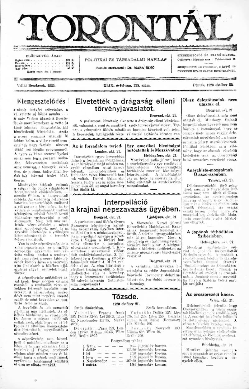 Torontál, 49. évf. 1920. október 22. 235. sz.