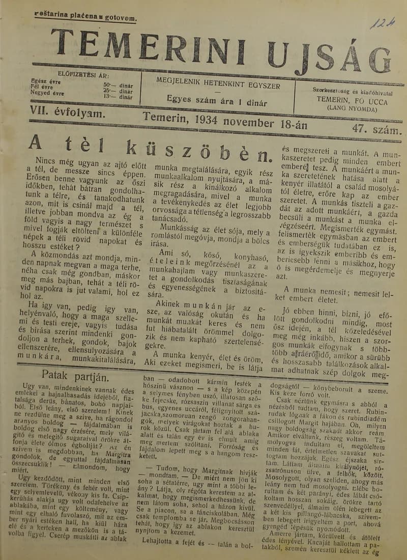Temerini Újság 1928-1944, 7. évf. 1934. november 18. 47. sz.