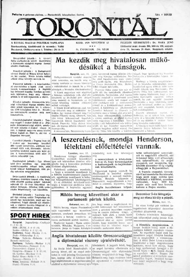 Torontál, 58. évf. 1929. november 12. 260. sz.
