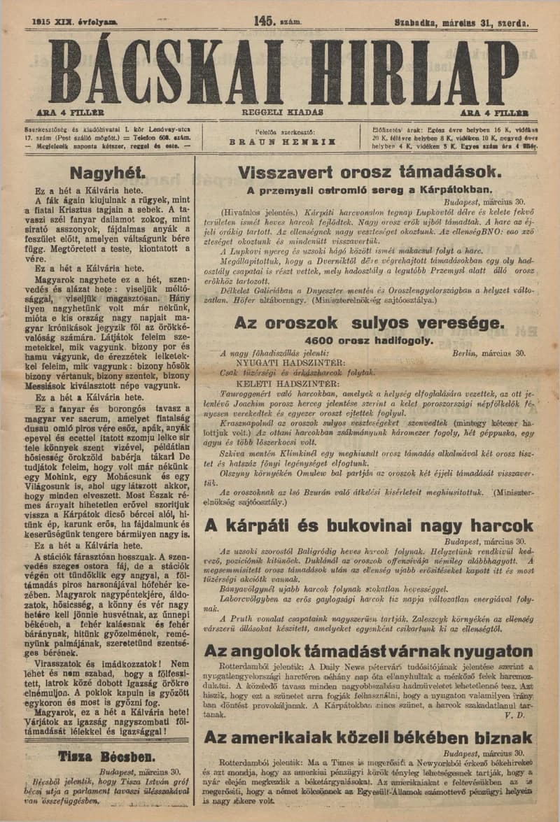 Bácskai Hirlap, 19. évf. 1915. március 31. 145. sz.