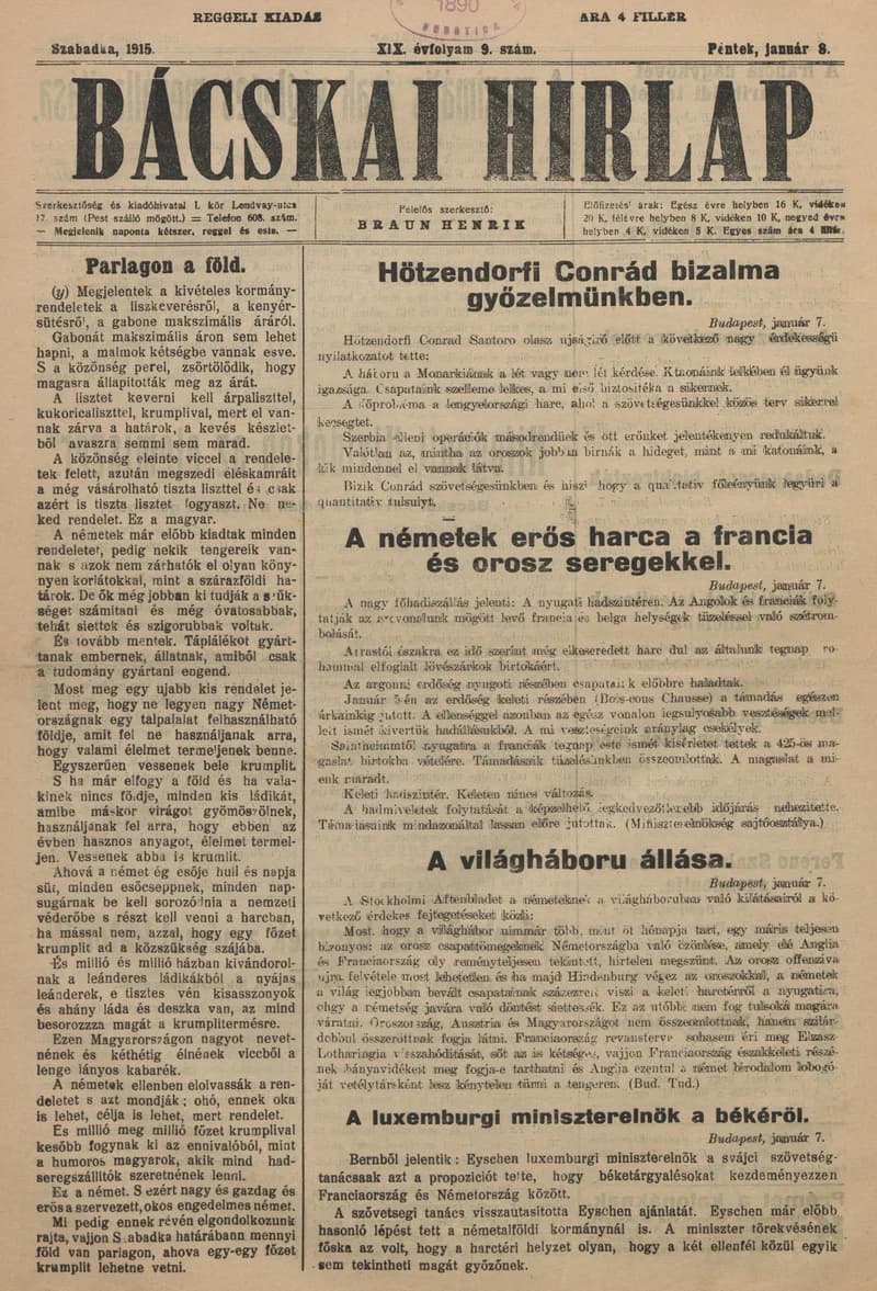 Bácskai Hirlap, 19. évf. 1915. január 8. 9. sz.