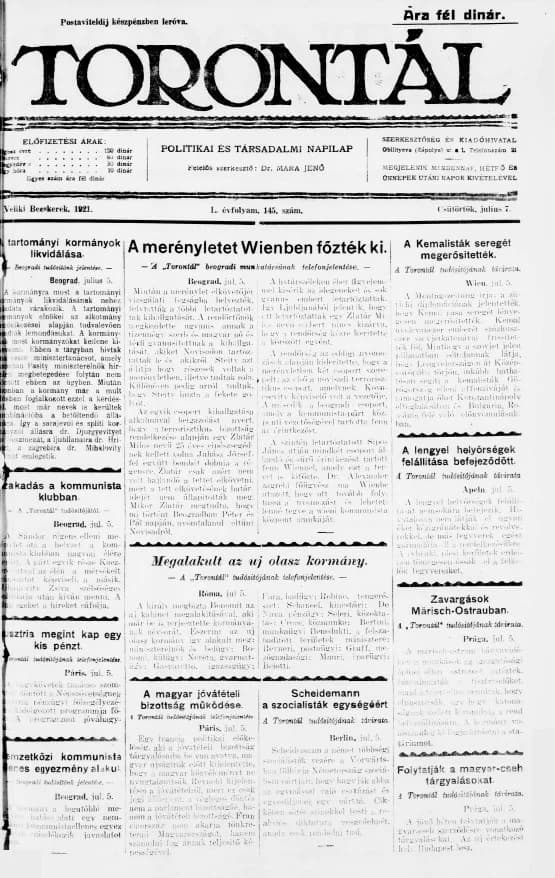 Torontál, 50. évf. 1921. július 7. 145. sz.