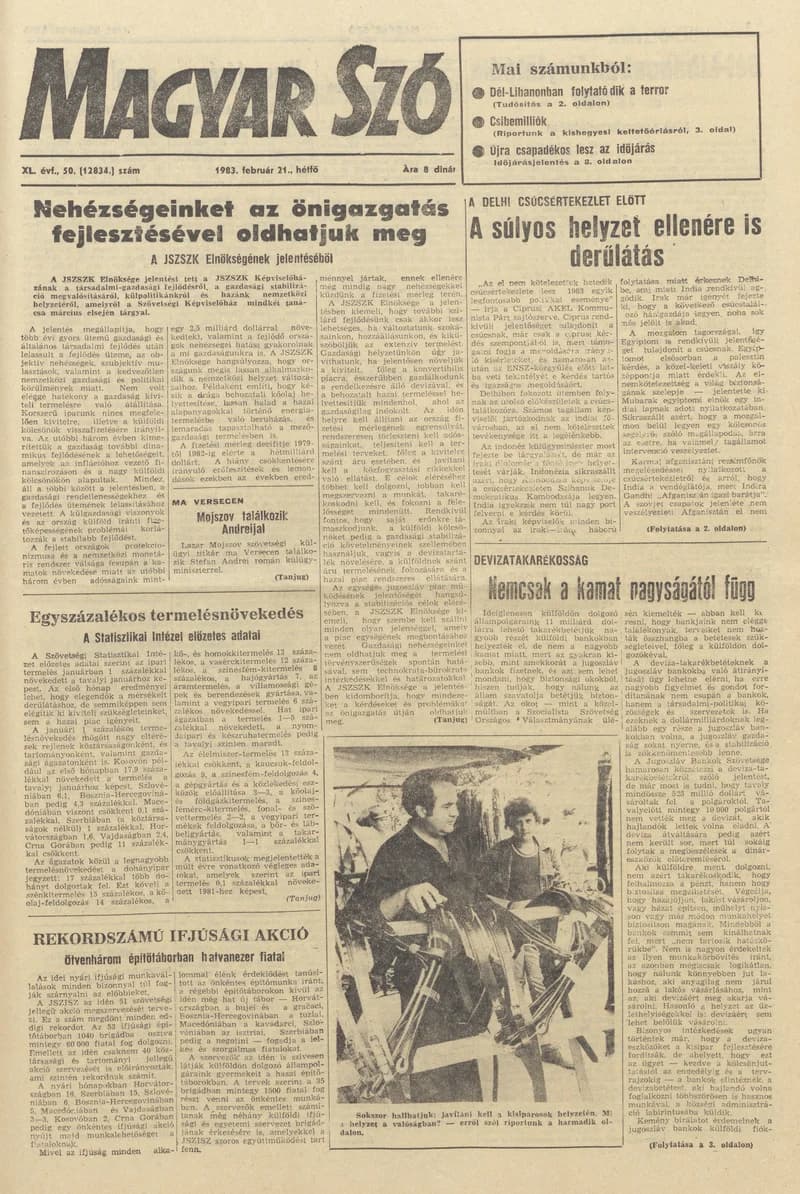 Magyar Szó, 40. évf. 1983. február 21. 50. sz. 1–16. oldal