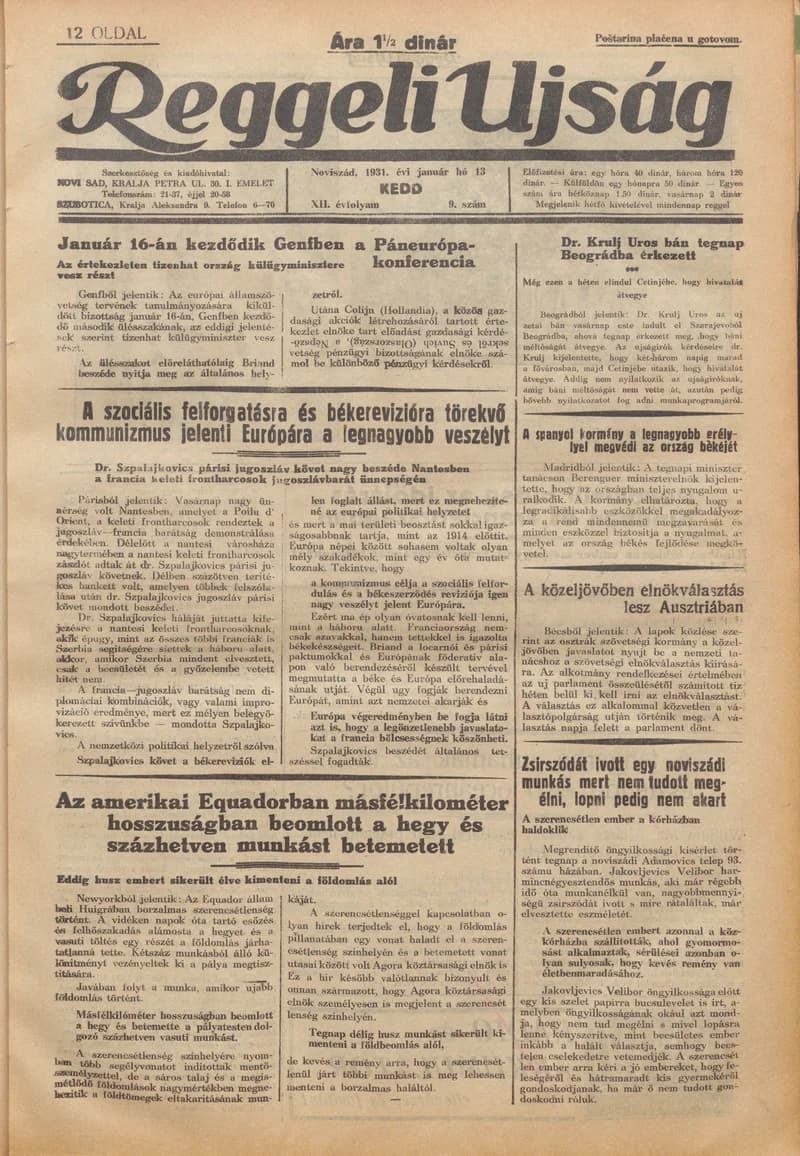 Reggeli Újság, 12. évf. 1931. január 13. 9. sz.