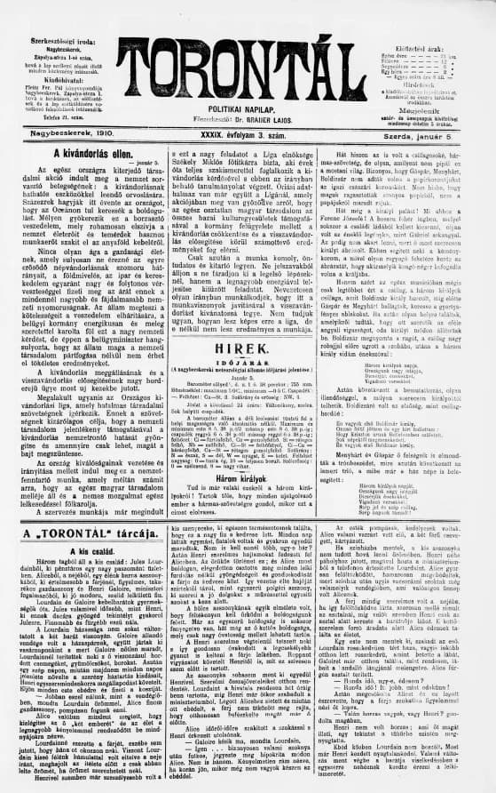 Torontál, 39. évf. 1910. január 5. 3. sz.