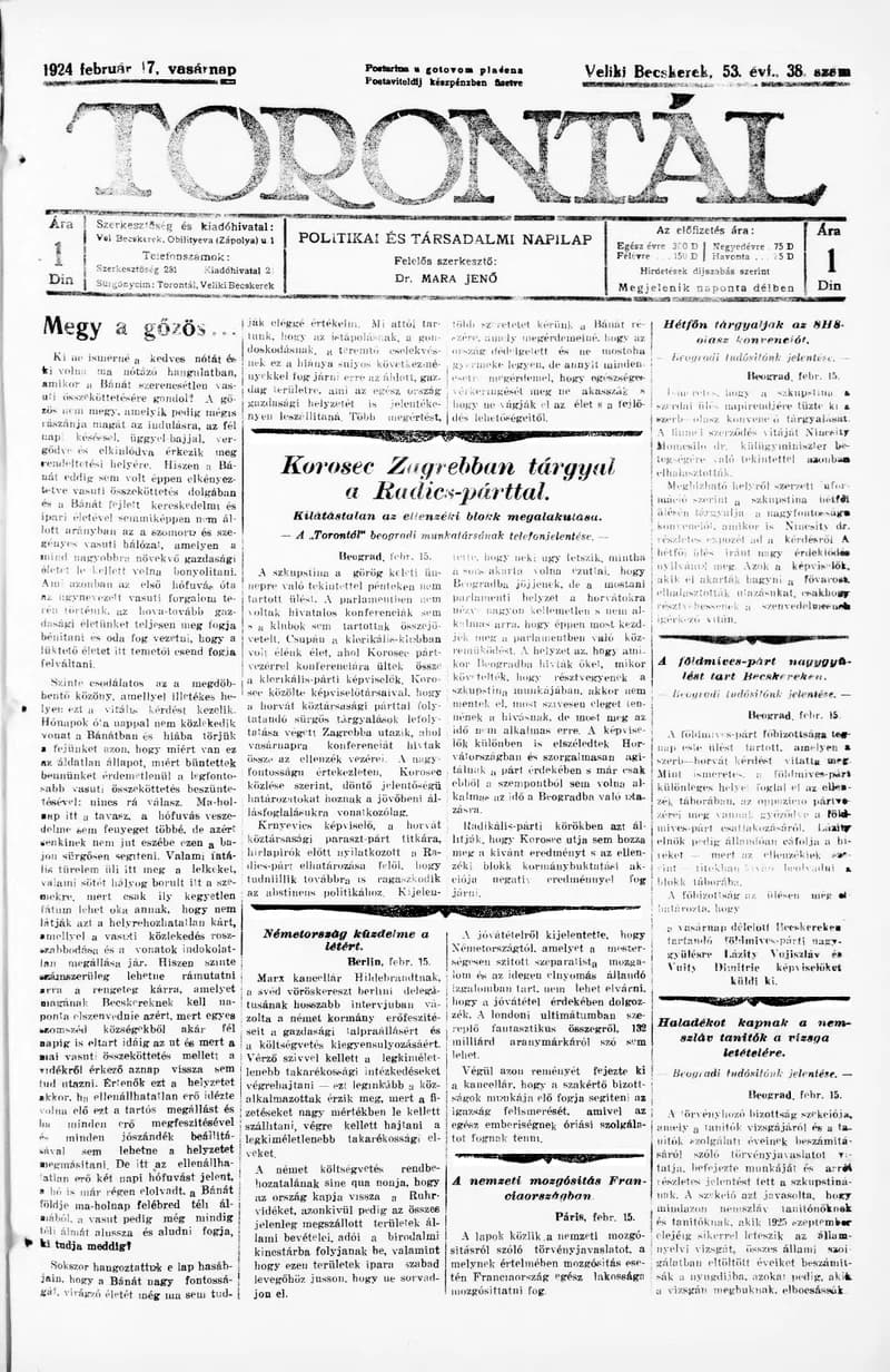 Torontál, 53. évf. 1924. február 17. 38. sz.