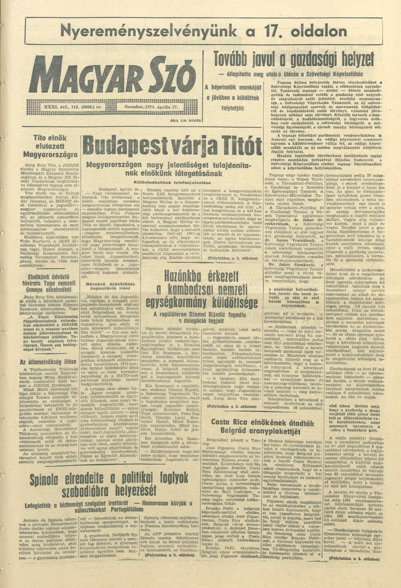 Magyar Szó, 31. évf. 1974. április 27. 115. sz. 1–20. oldal