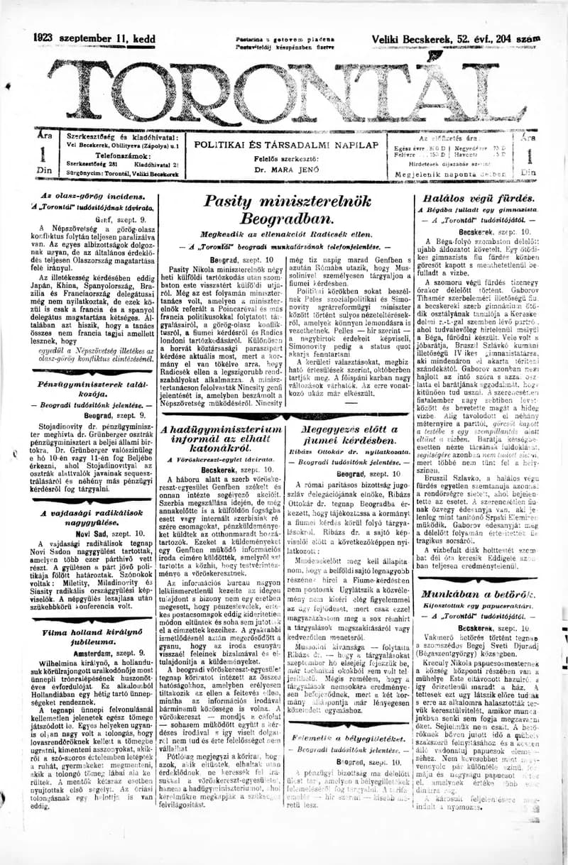 Torontál, 52. évf. 1923. szeptember 11. 204. sz.