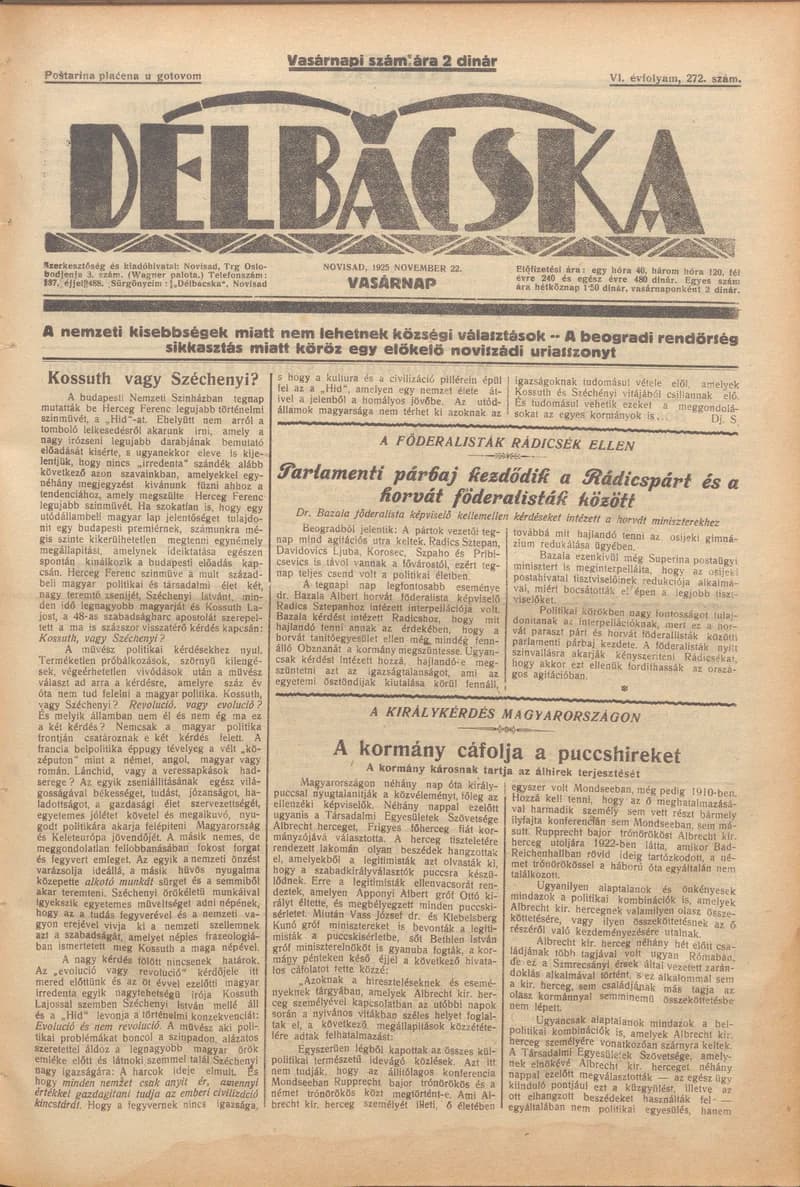 Délbácska, 6. évf. 1925. november 22. 272. sz.