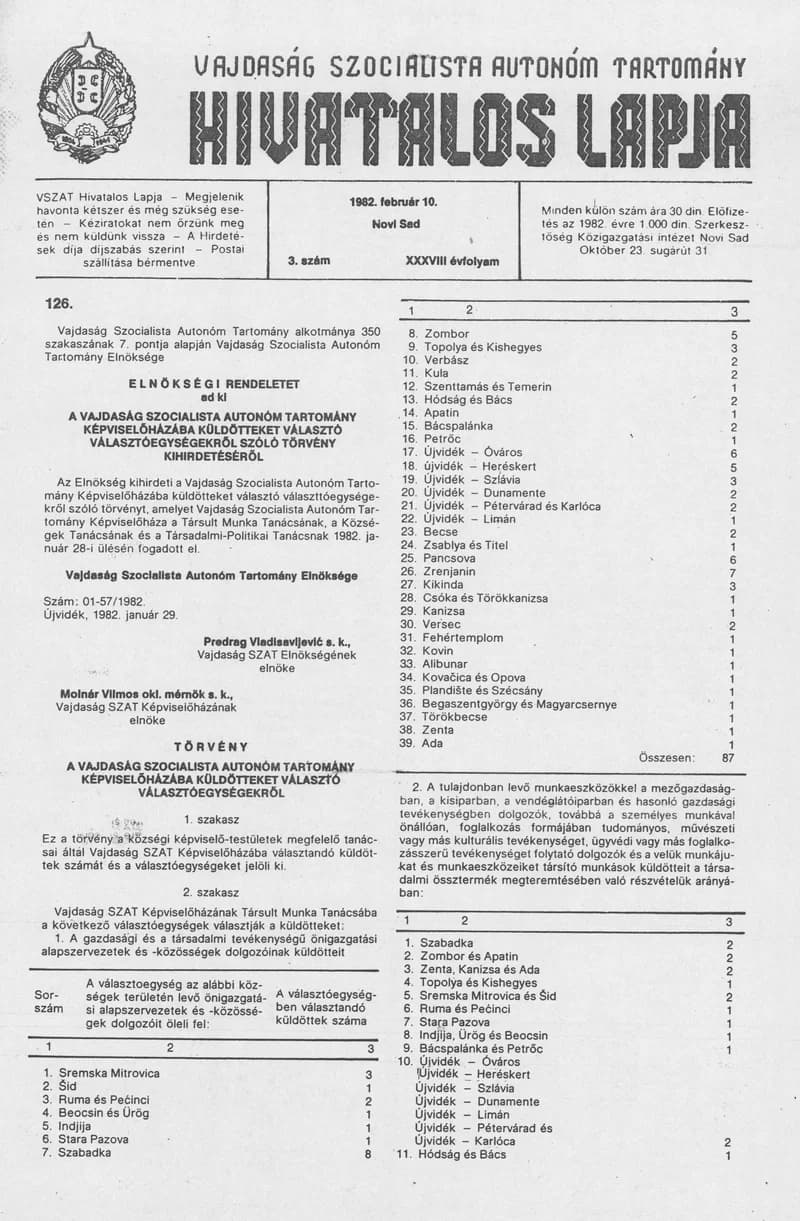 Vajdaság Szocialista Autonóm Tartomány Hivatalos Lapja, 38. évf. 1982. február 10. 3. sz.