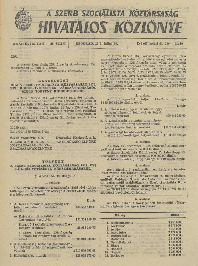 A Szerb Szocialista Köztársaság Hivatalos Közlönye, 32. évf. 1976. július 10. 28. sz. 833–888. oldal