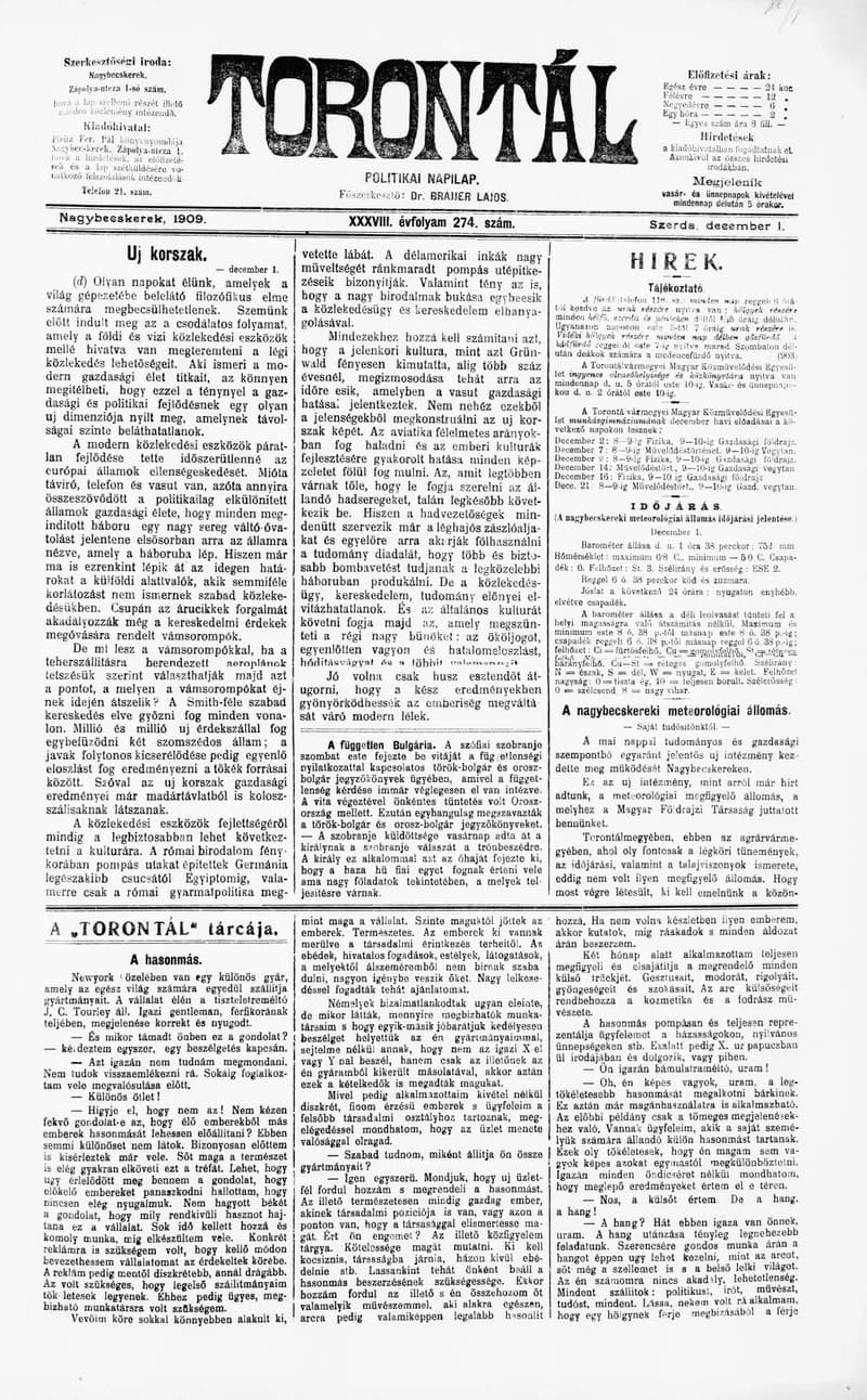 Torontál, 38. évf. 1909. december 1. 274. sz.