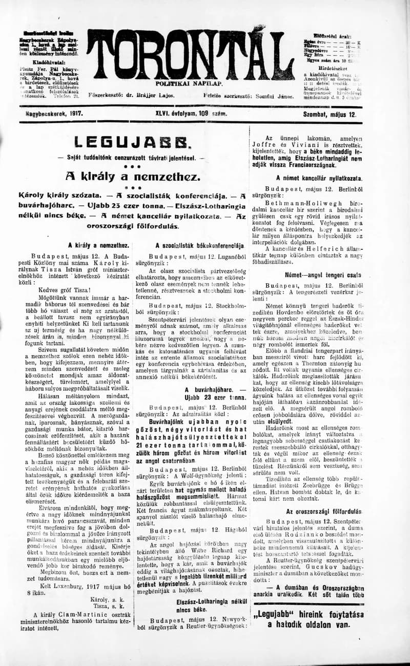 Torontál, 46. évf. 1917. május 12. 109. sz.
