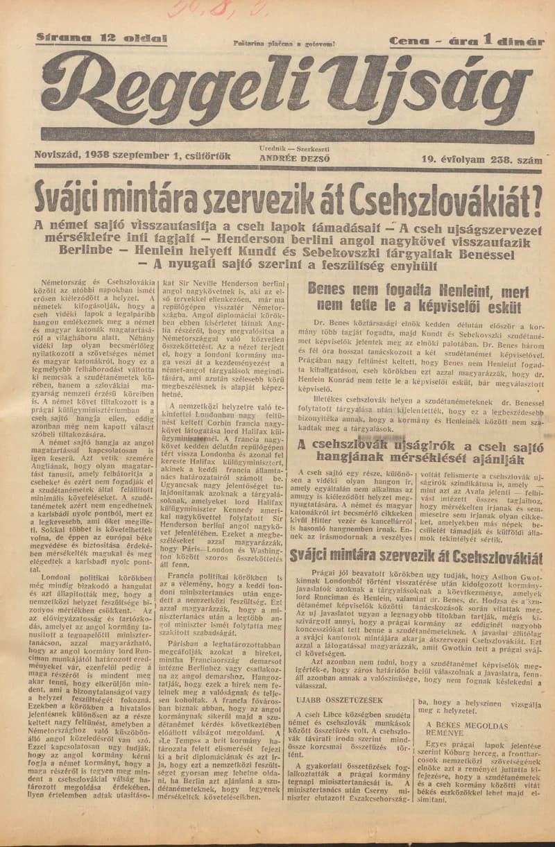 Reggeli Újság, 19. évf. 1938. szeptember 1. 238. sz.
