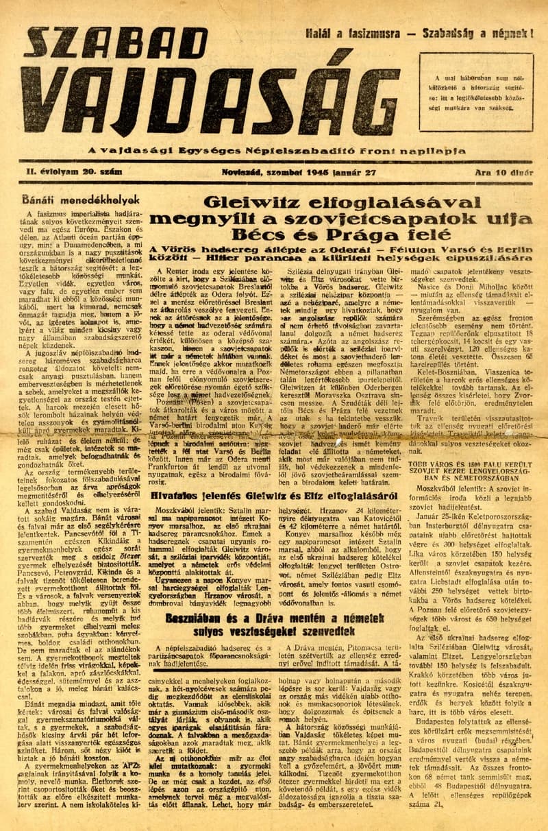 Szabad Vajdaság, 2. évf. 1945. január 27. 20. sz.
