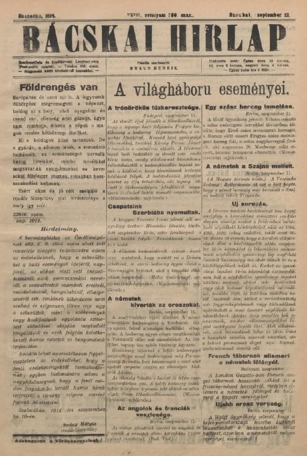 Bácskai Hirlap, 18. évf. 1914. szeptember 12. 206. sz.