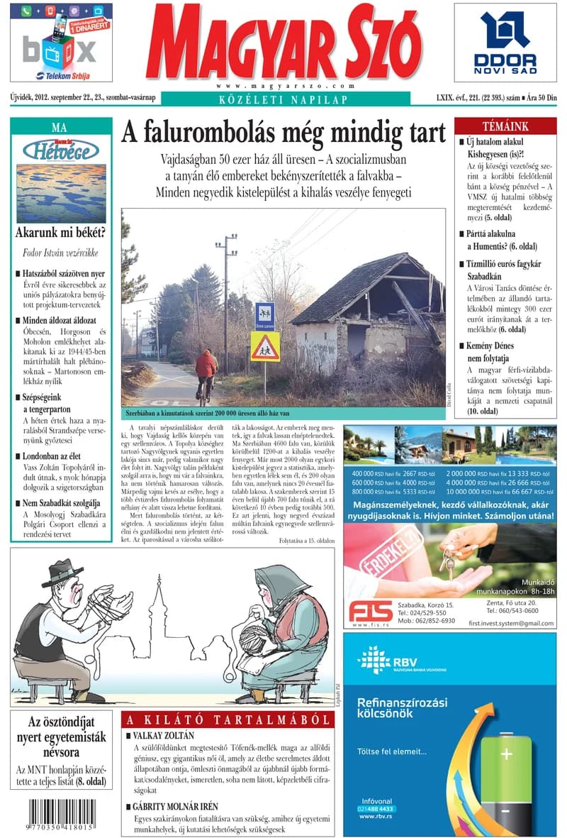 Magyar Szó, 69. évf. 2012. szeptember 22. – 23. 221. sz. 1–44. oldal
