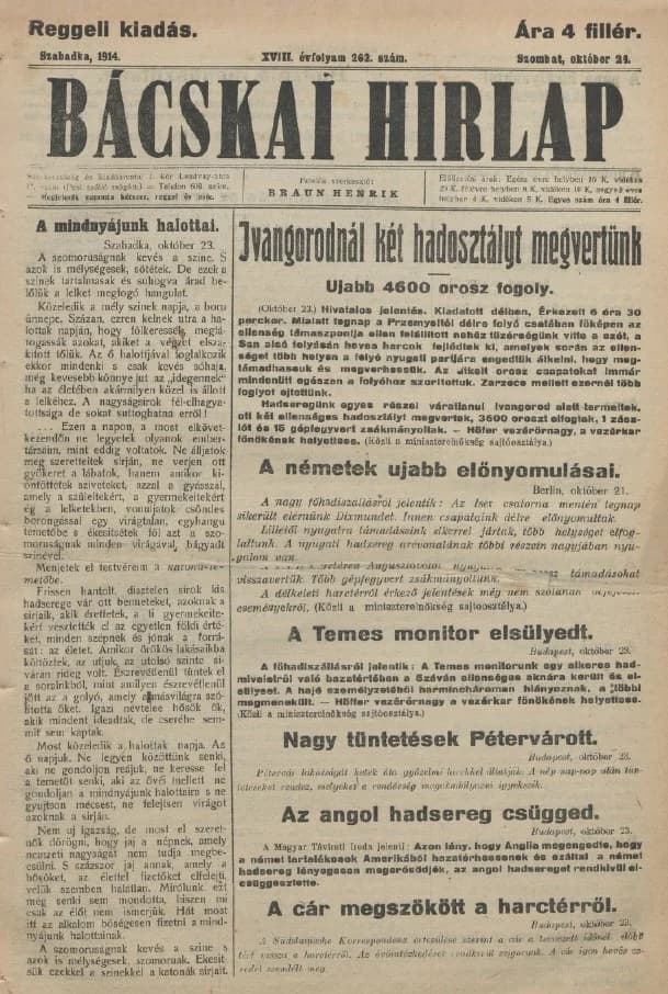 Bácskai Hirlap, 18. évf. 1914. október 24. 262. sz.