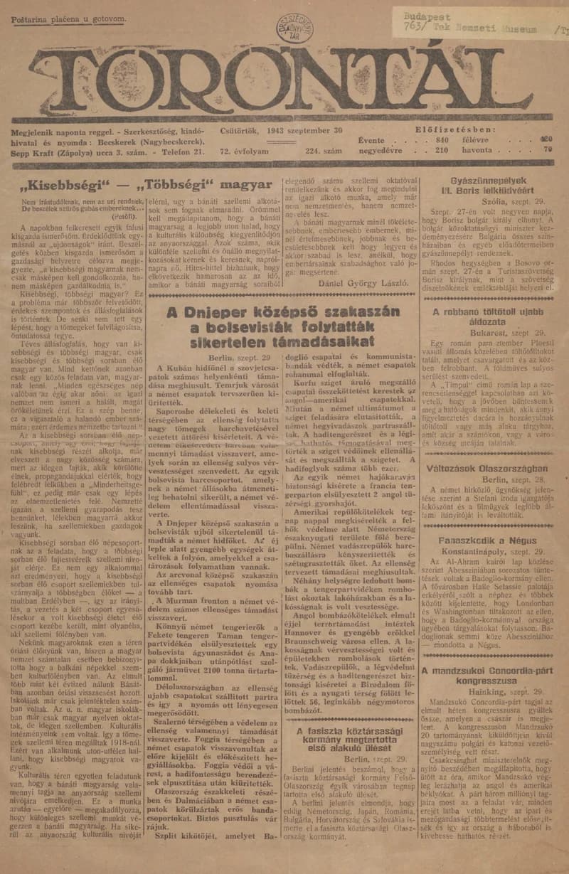 Torontál, 72. évf. 1943. szeptember 30. 224. sz.