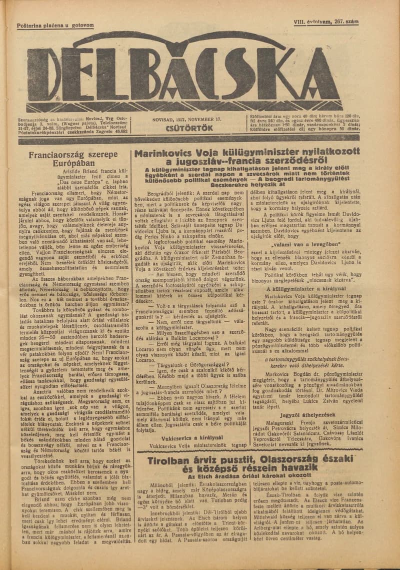 Délbácska, 8. évf. 1927. november 17. 267. sz.