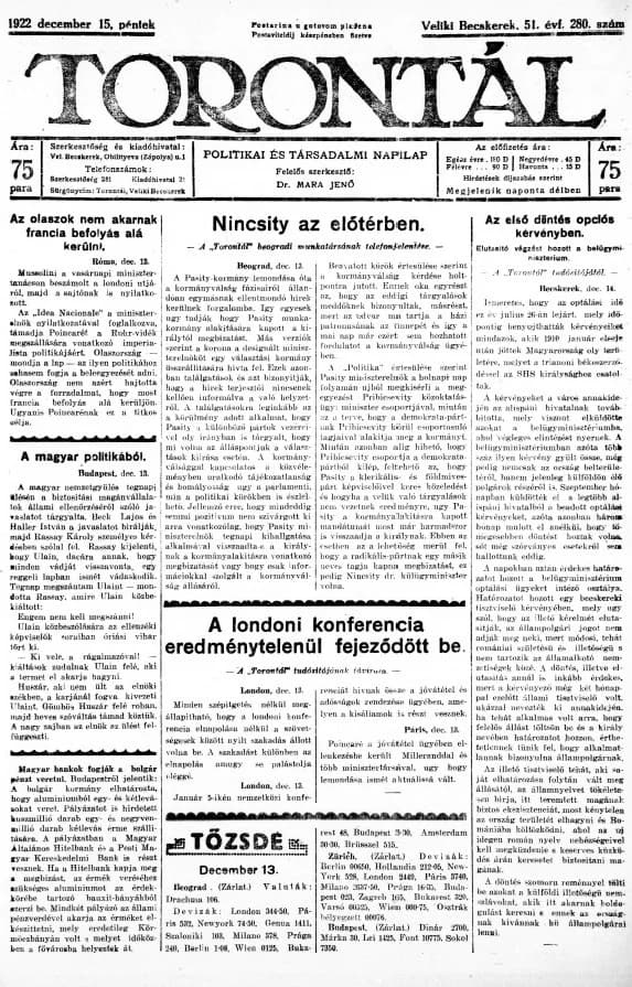 Torontál, 51. évf. 1922. december 15. 280. sz.
