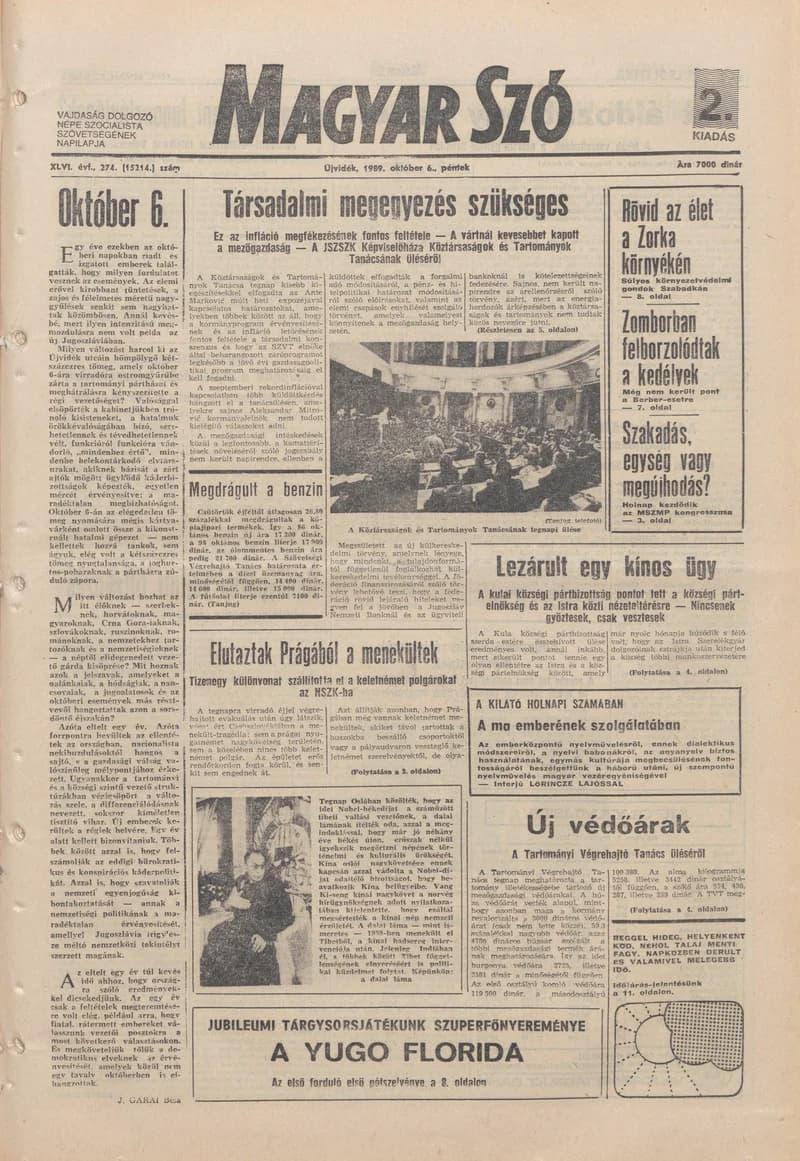 Magyar Szó, 46. évf. 1989. október 6. 274. sz. 1–20. oldal