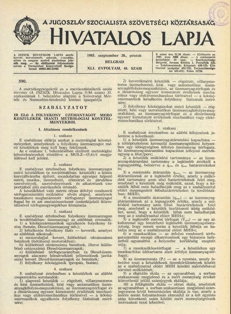 A Jugoszláv Szocialista Szövetségi Köztársaság Hivatalos Lapja, 41. évf. 1985. szeptember 20. 48. sz. 1377–1404. oldal