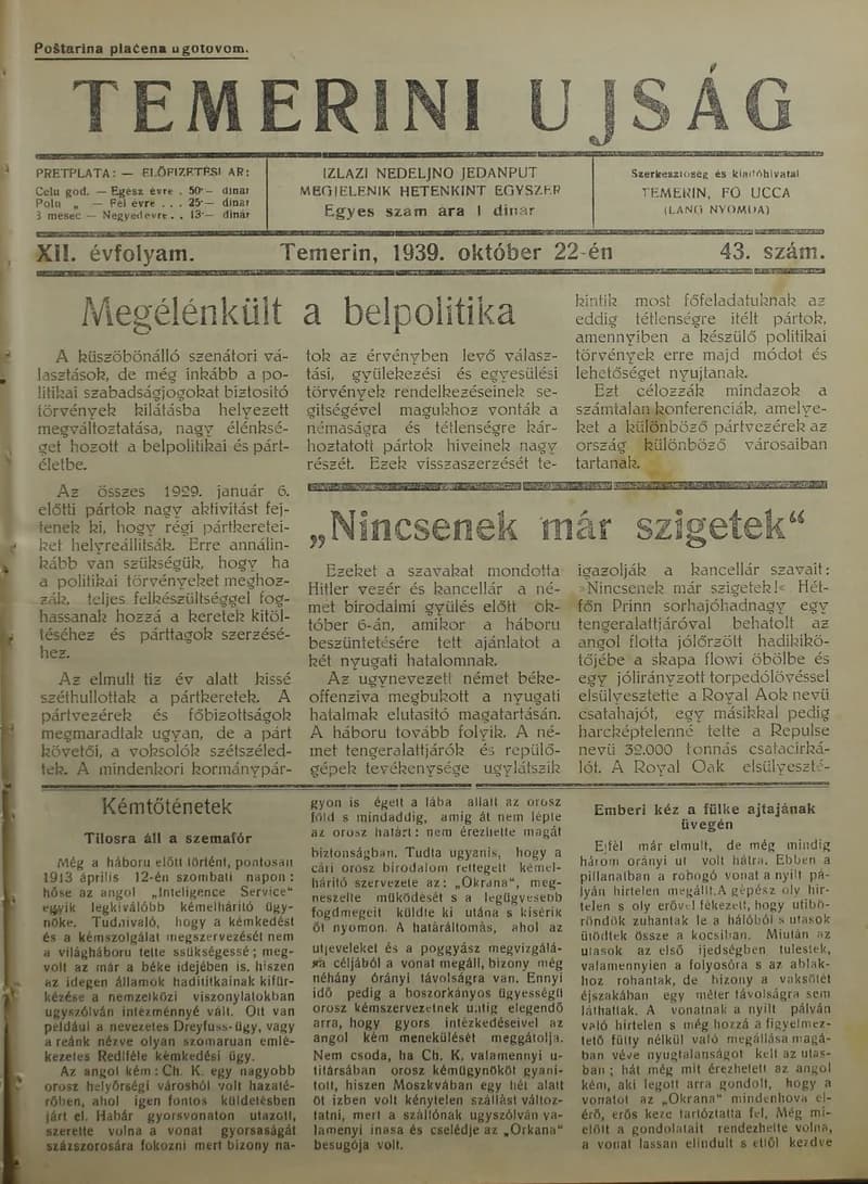 Temerini Újság 1928-1944, 12. évf. 1939. október 22. 43. sz.