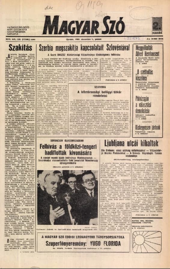 Magyar Szó, 46. évf. 1989. december 1. 328. sz. 1–20. oldal