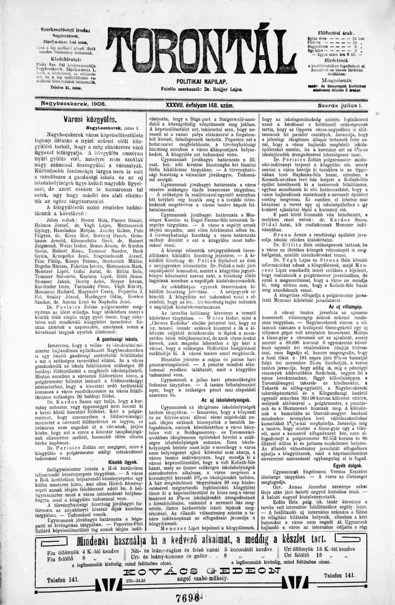 Torontál, 37. évf. 1908. július 1. 148. sz.