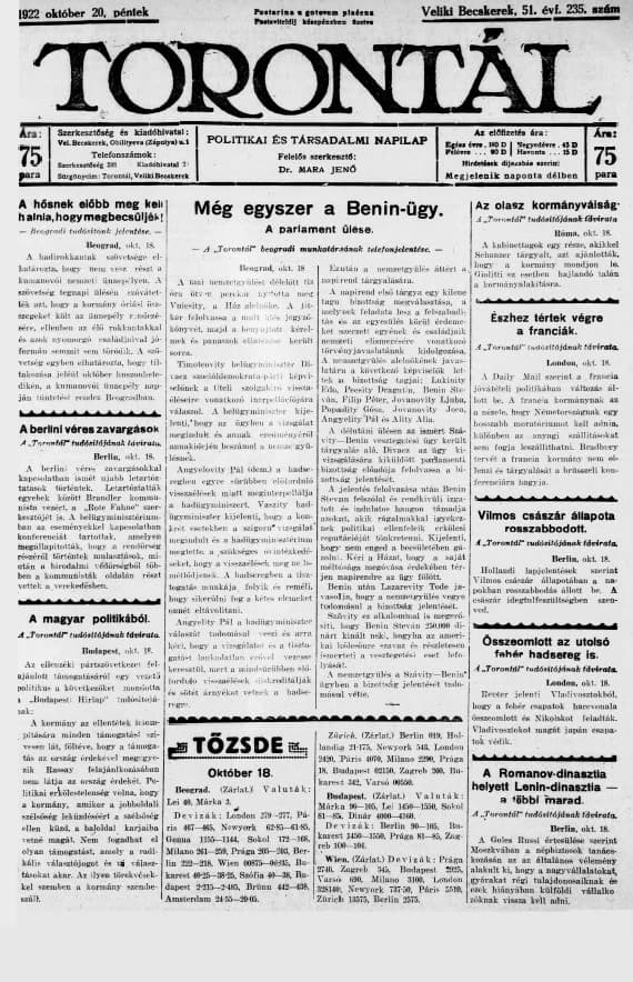 Torontál, 51. évf. 1922. október 20. 235. sz.