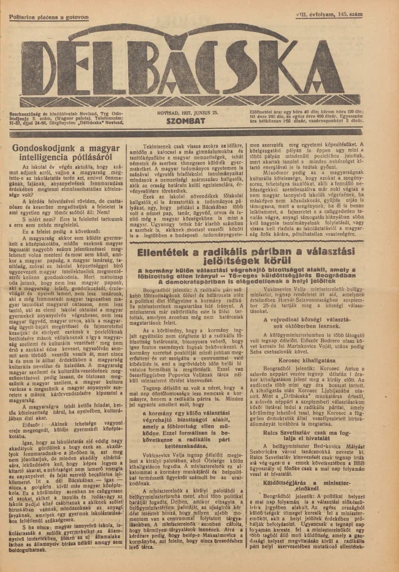 Délbácska, 8. évf. 1927. június 25. 145. sz.