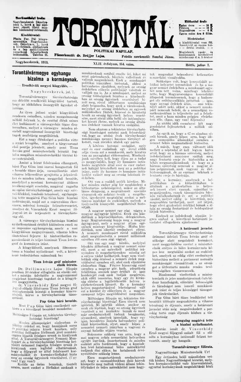 Torontál, 42. évf. 1913. július 7. 154. sz.