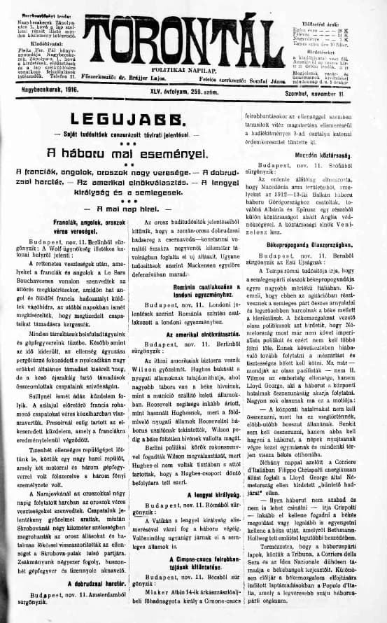 Torontál, 45. évf. 1916. november 11. 259. sz.