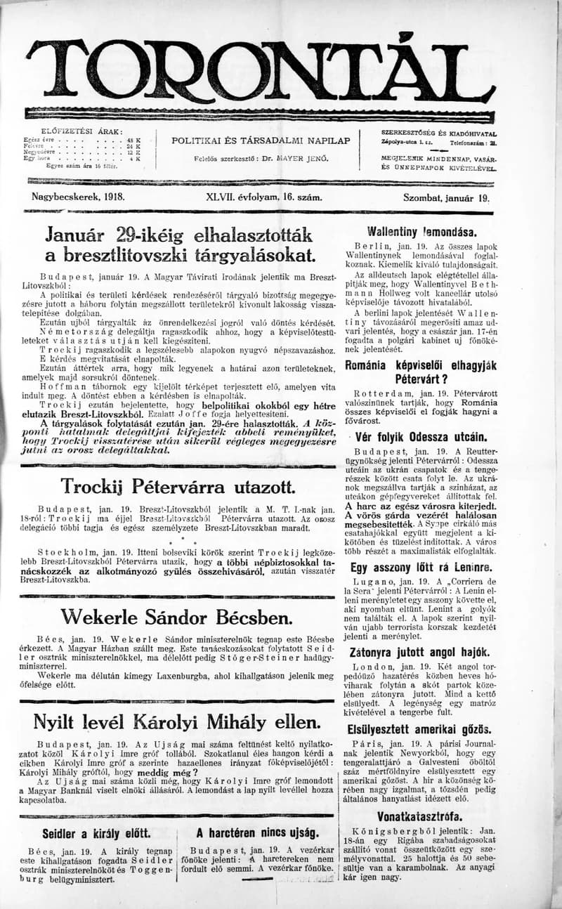 Torontál, 47. évf. 1918. január 19. 16. sz.