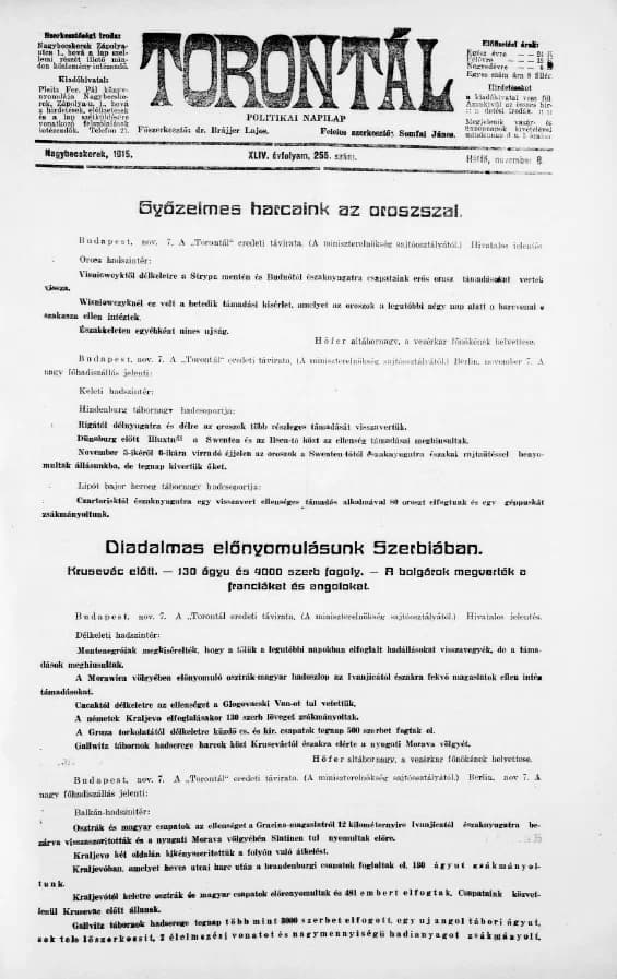 Torontál, 44. évf. 1915. november 8. 255. sz.