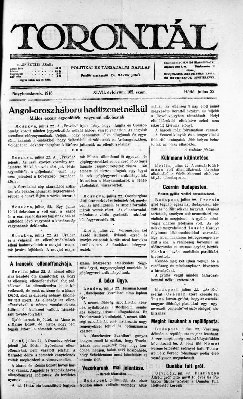 Torontál, 47. évf. 1918. július 22. 165. sz.
