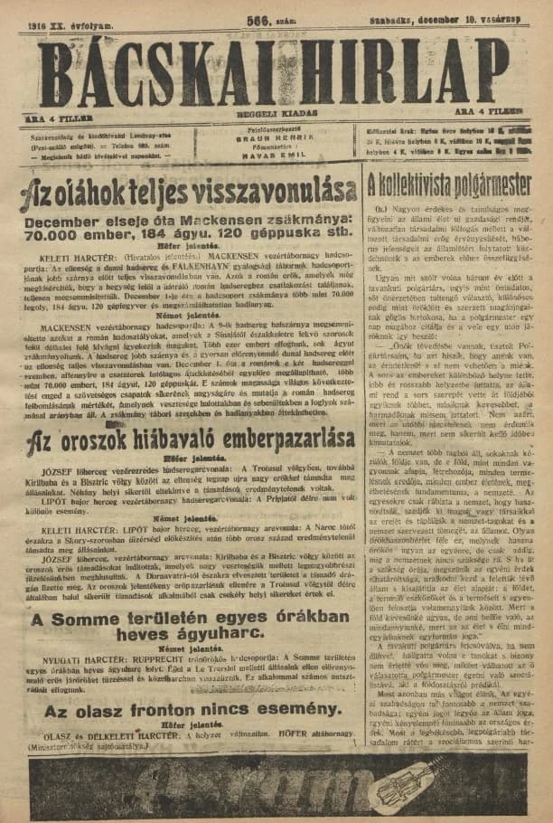 Bácskai Hirlap, 20. évf. 1916. december 10. 566. sz.