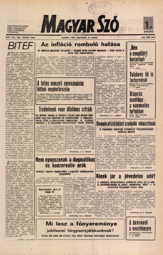 Magyar Szó, 46. évf. 1989. szeptember 15. 253. sz. 1–20. oldal