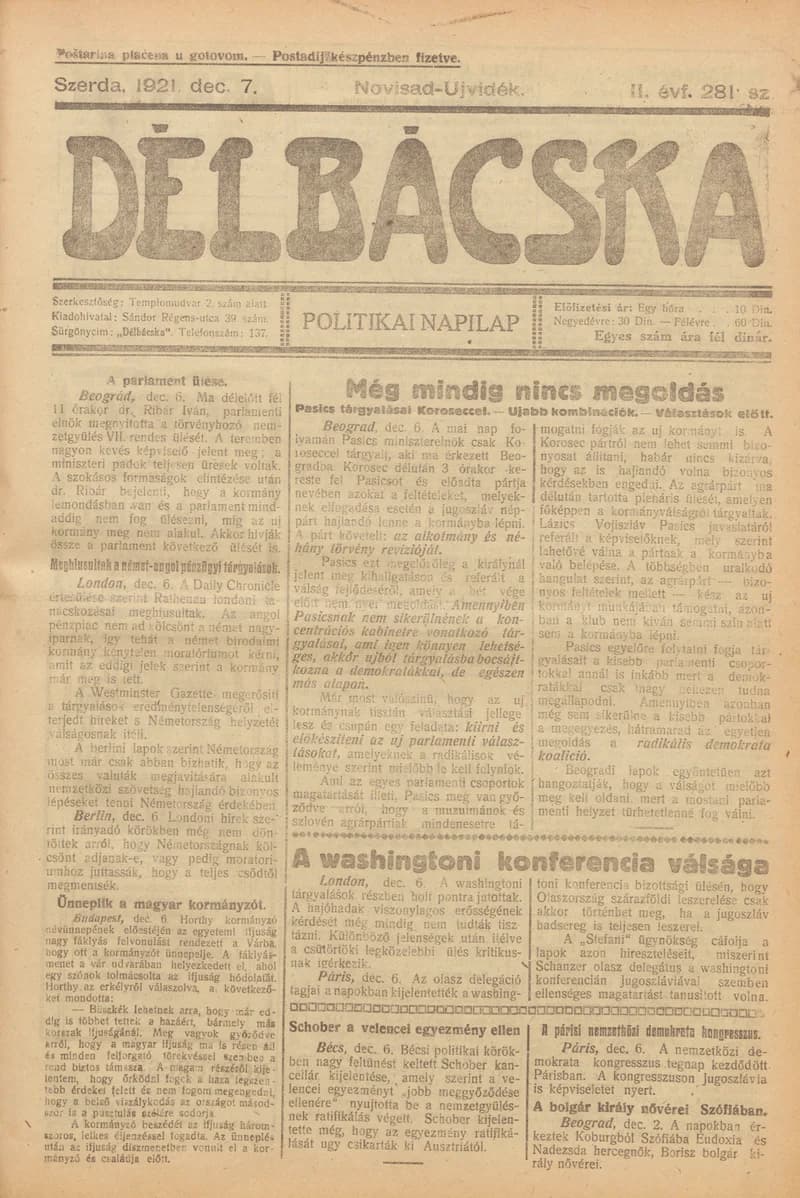 Délbácska, 2. évf. 1921. december 7. 281. sz.