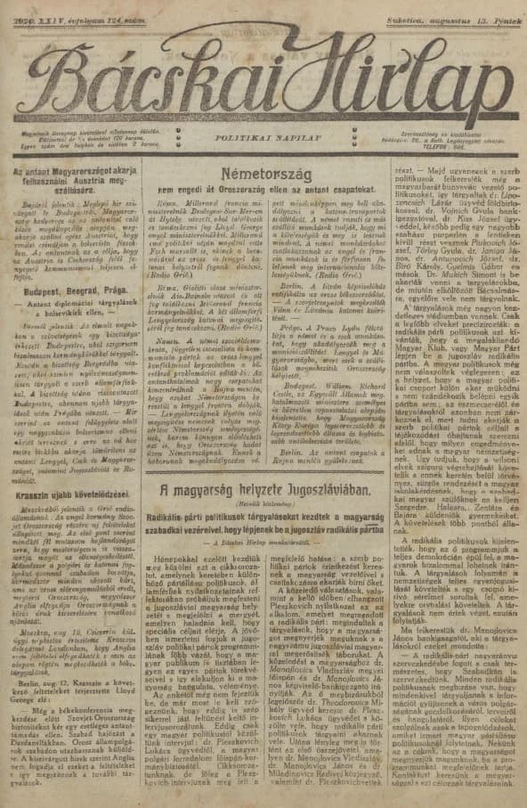 Bácskai Hirlap, 24. évf. 1920. augusztus 13. 124. sz.