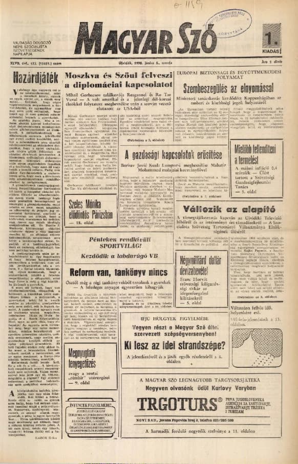 Magyar Szó, 47. évf. 1990. június 6. 153. sz. 1–20. oldal